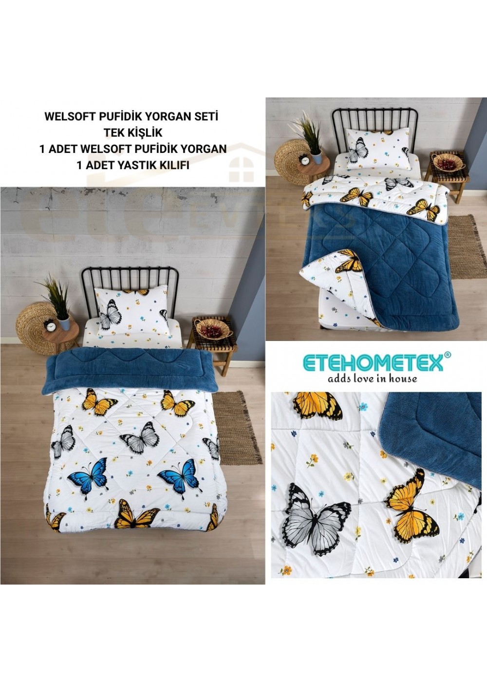 ETE HOMETEX TEK KİŞİLİK LÜX WELSOFT YORGAN KELEBEK İNDİGO 155X215CM 8696474231930 ETE HOMETEX TEK KİŞİLİK LÜX WELSOFT YORGAN KELEBEK İNDİGO 155X215CM 8696474231930